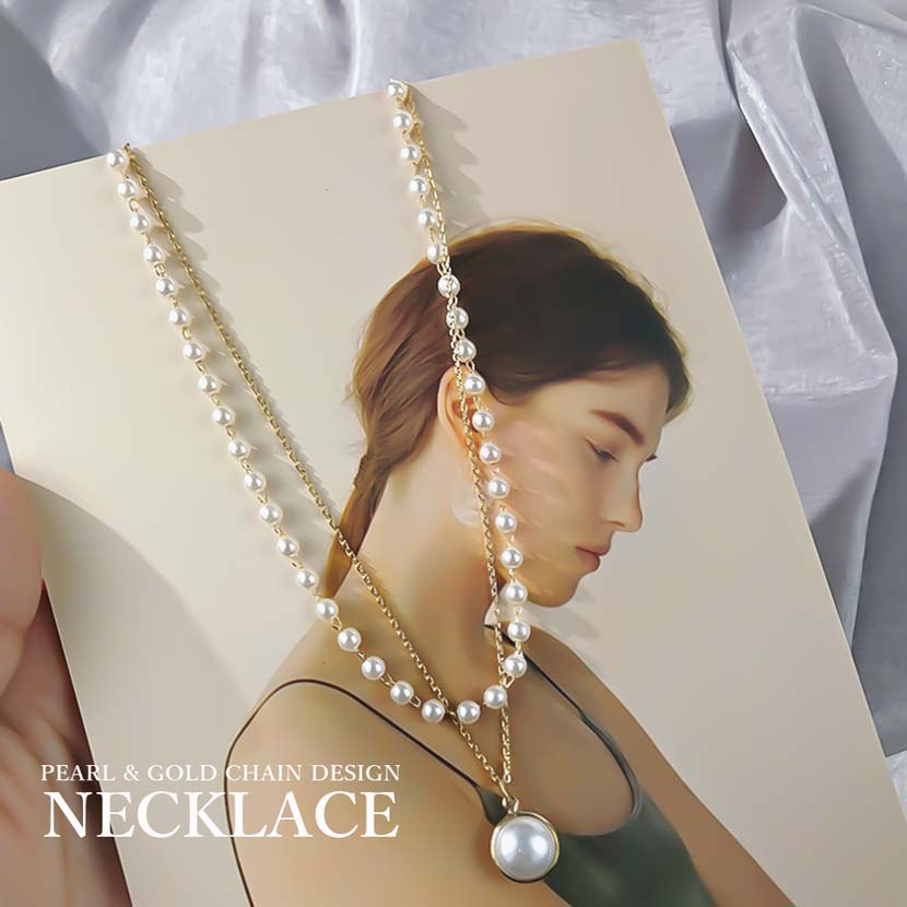 Pearl &amp; Gold 2 Chain Tight Necklace Choker Pearl Pendant Top Ladies Korean Accessories