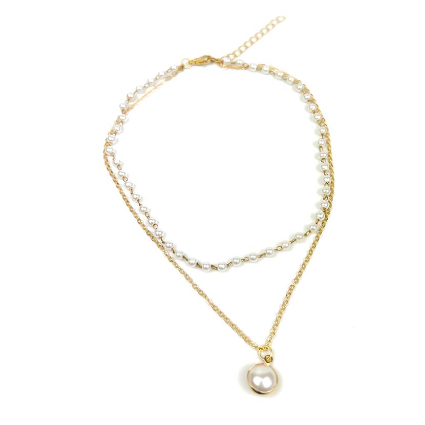 Pearl &amp; Gold 2 Chain Tight Necklace Choker Pearl Pendant Top Ladies Korean Accessories