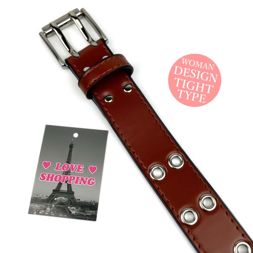 All 3 colors Double pin tight leather belt Width 2.8cm Slim W eyelet Synthetic leather Women's