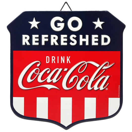 エンボス メタルサイン COCA COLA GO REFRESHED STRIPED 【コカコーラ ブリキ看板】