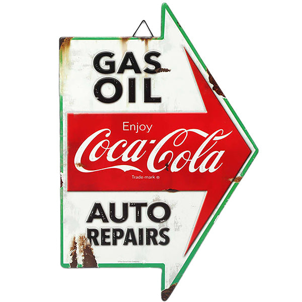 エンボス メタルサイン COCA COLA GAS OIL AUTO REPAIRS RUSTIC ARROW 【コカコーラ ブリキ看板】