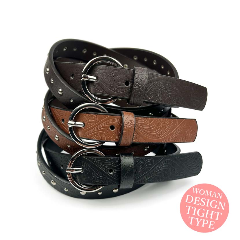 3 Colors Dot Studded Craft Embossed Tight Leather Belt Width 2.4cm Slim Synthetic Leather Women's