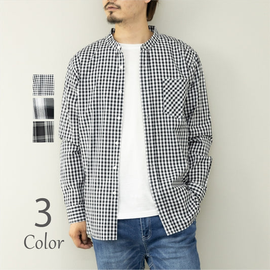 Shirt Men's Long Sleeve Checked Shirt Band Collar Shirt Stand Collar Shirt Casual Shirt Plain Weave