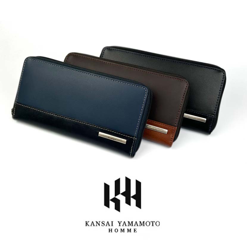 3 Colors KANSAI YAMAMOTO Real Leather Bicolor Round Zipper Long Wallet Wallet