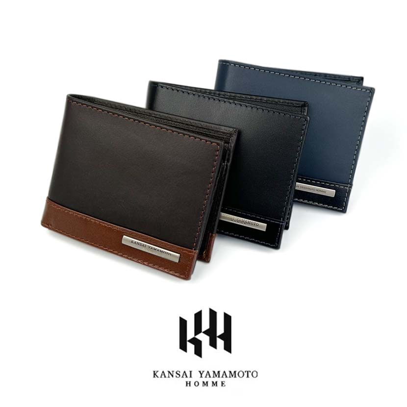 All 3 colors KANSAI YAMAMOTO (Yamamoto Kansai) Real leather Bi-color Bi-fold wallet with inner tongue