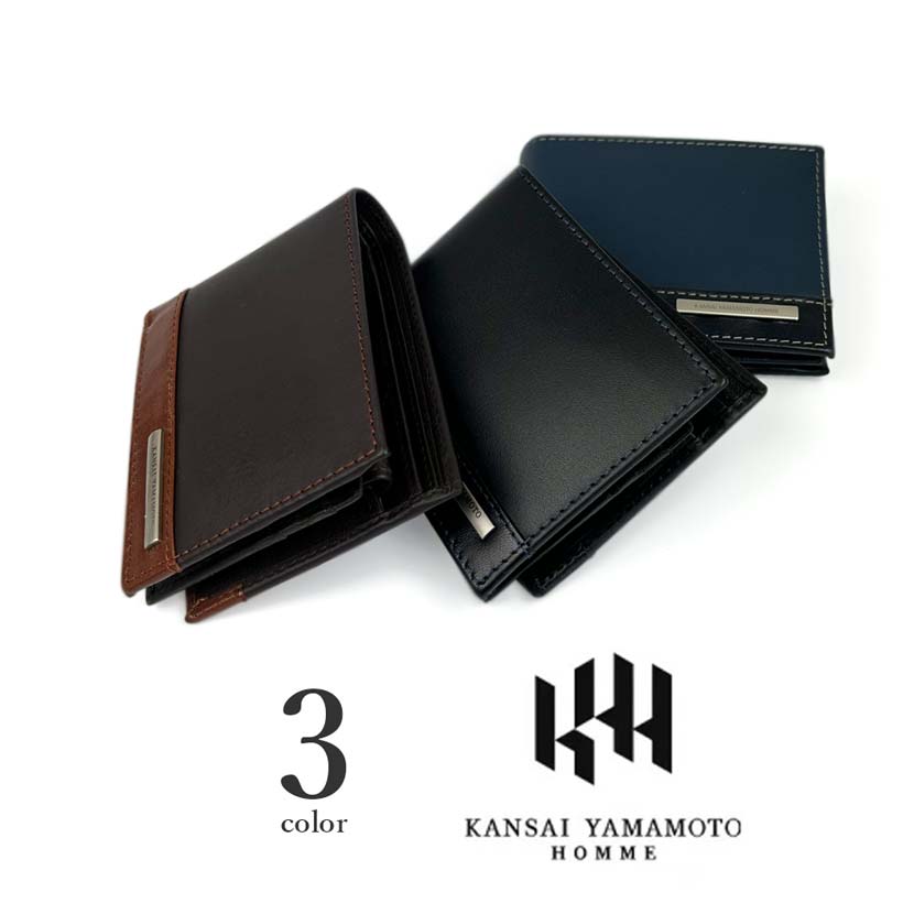 全3色 KANSAI YAMAMOTO（ヤマモト カンサイ）リアルレザー バイカラー 中ベロ付き 二つ折り財布 ウォレット