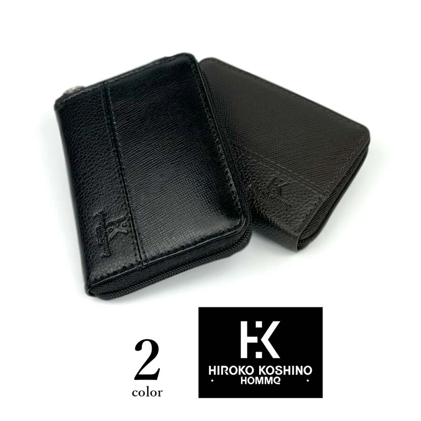 All 2 colors HIROKO KOSHINO Genuine leather Saffiano embossed Round zipper coin purse Coin case