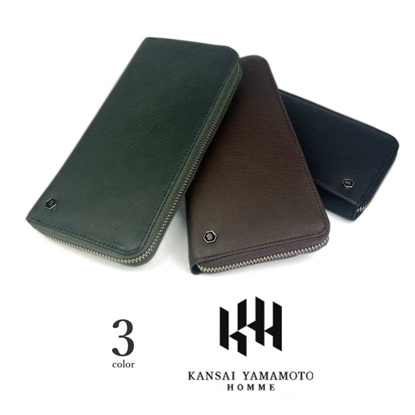 全3色 KANSAI YAMAMOTO（ヤマモト カンサイ）本革 カーフスキンラウンドファスナー 長財布 ウォレット