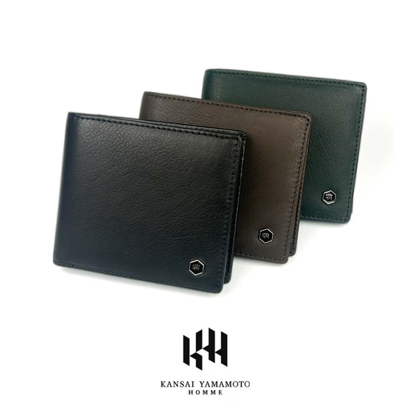 All 3 colors KANSAI YAMAMOTO (Yamamoto Kansai) Genuine leather calfskin bifold wallet with inner bellow wallet