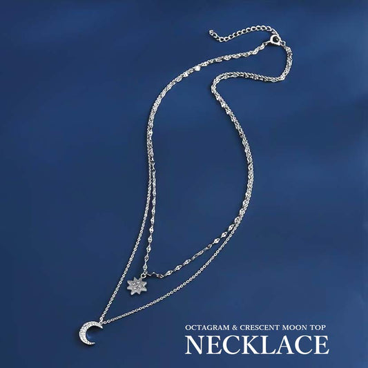 Octagram &amp; Crescent Moon Design Double Chain Necklace Women's Accessories